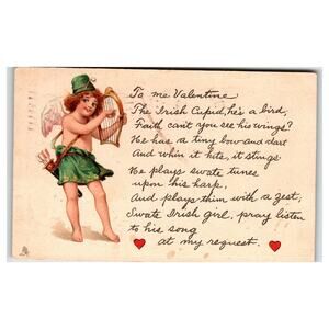 Tuck Vintage Irish Cupid Valentine Postcard with Harp Poem Undivided Back